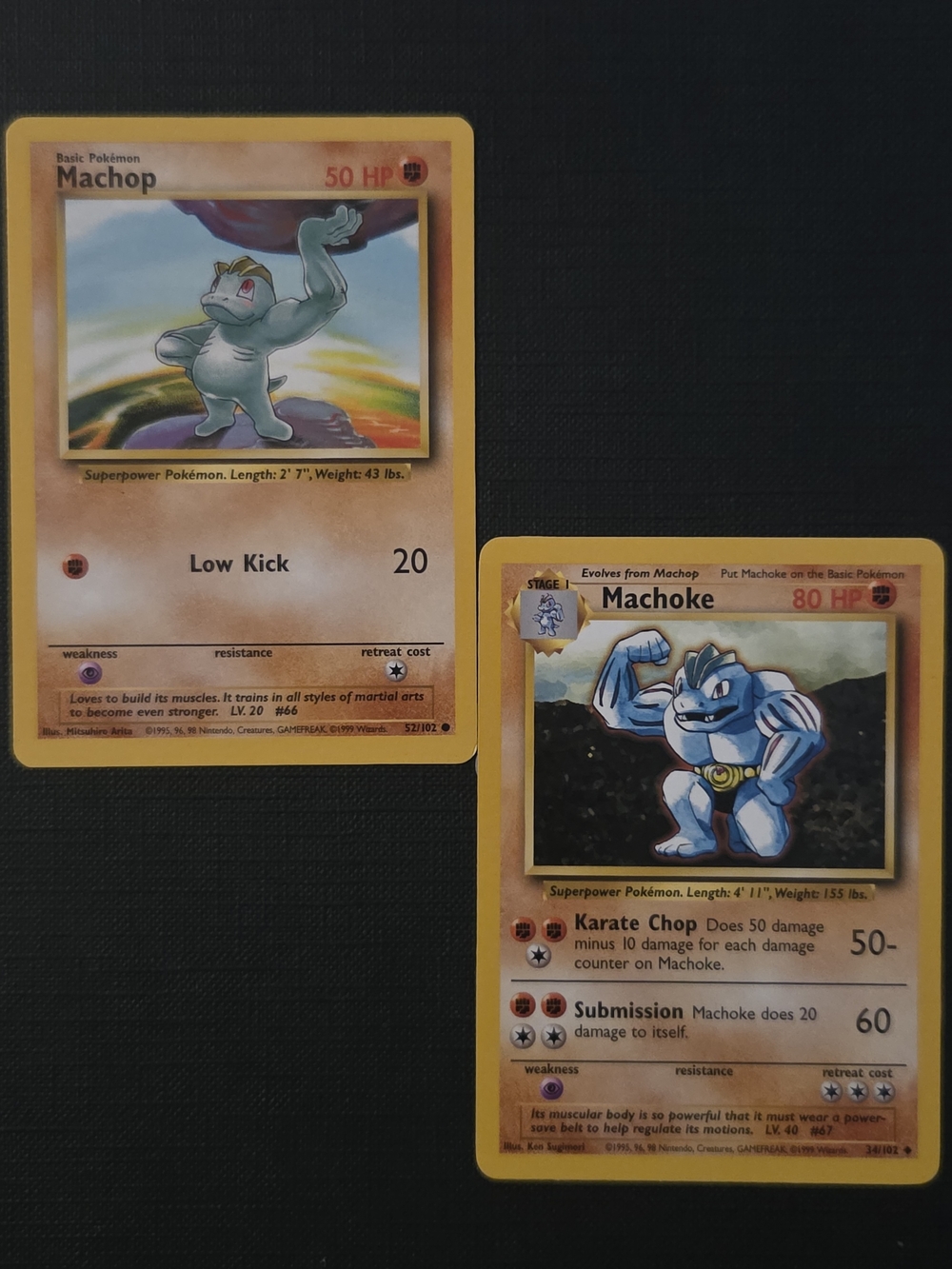 Pokemon Base Set 1999: MACHOP #52 + MACHOKE #34 Trading Cards (Set of 2)